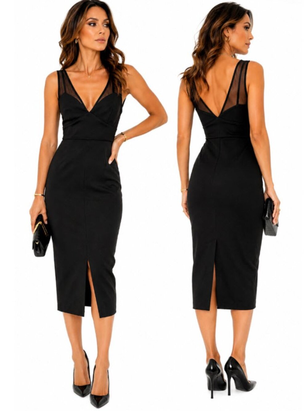 Cinq a Sept Black V-Neck Midi Dress Front Slit Sheer Mesh Size 4 chic Designer
